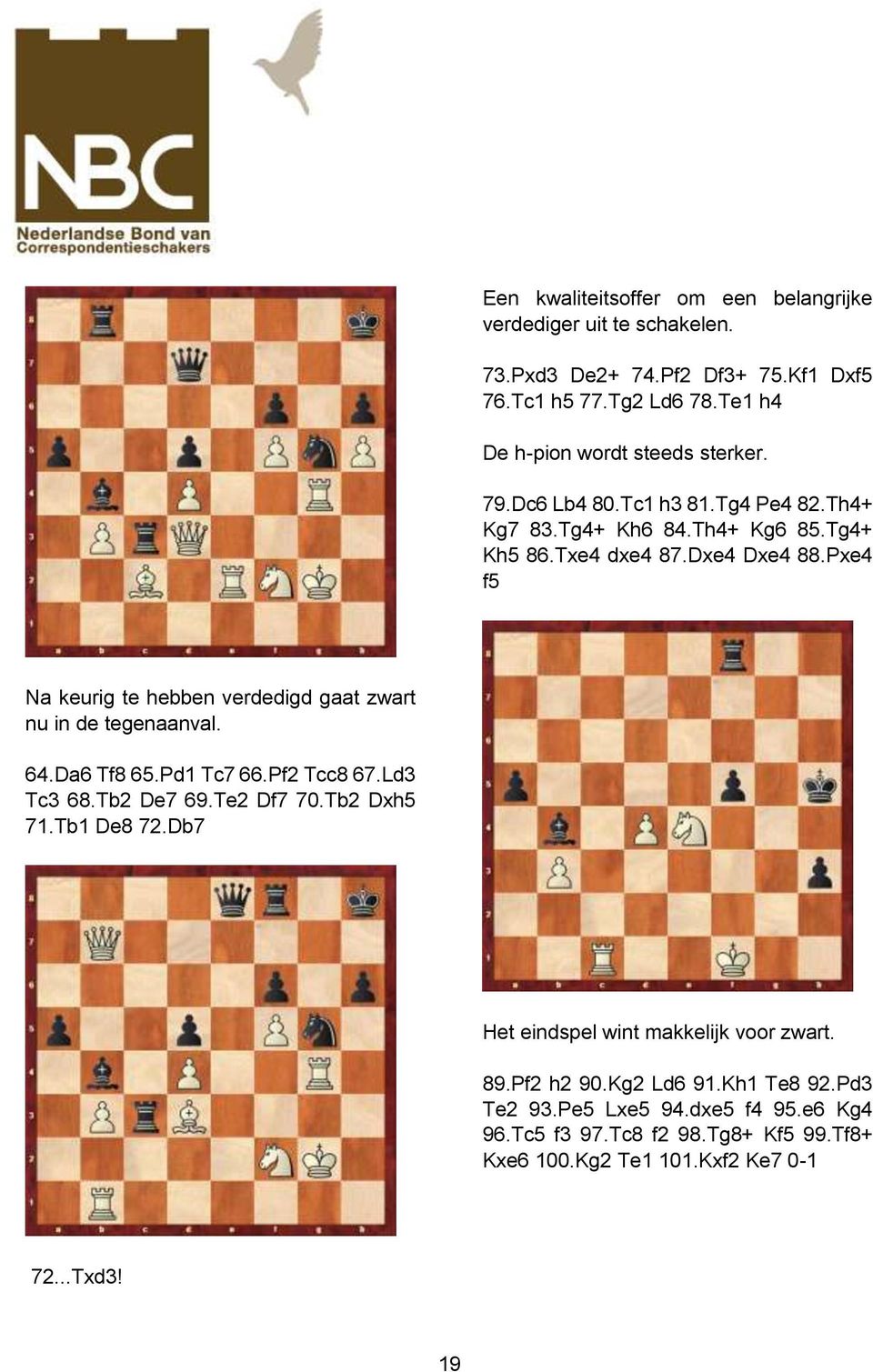 Pxe4 f5 Na keurig te hebben verdedigd gaat zwart nu in de tegenaanval. 64.Da6 Tf8 65.Pd1 Tc7 66.Pf2 Tcc8 67.Ld3 Tc3 68.Tb2 De7 69.Te2 Df7 70.Tb2 Dxh5 71.