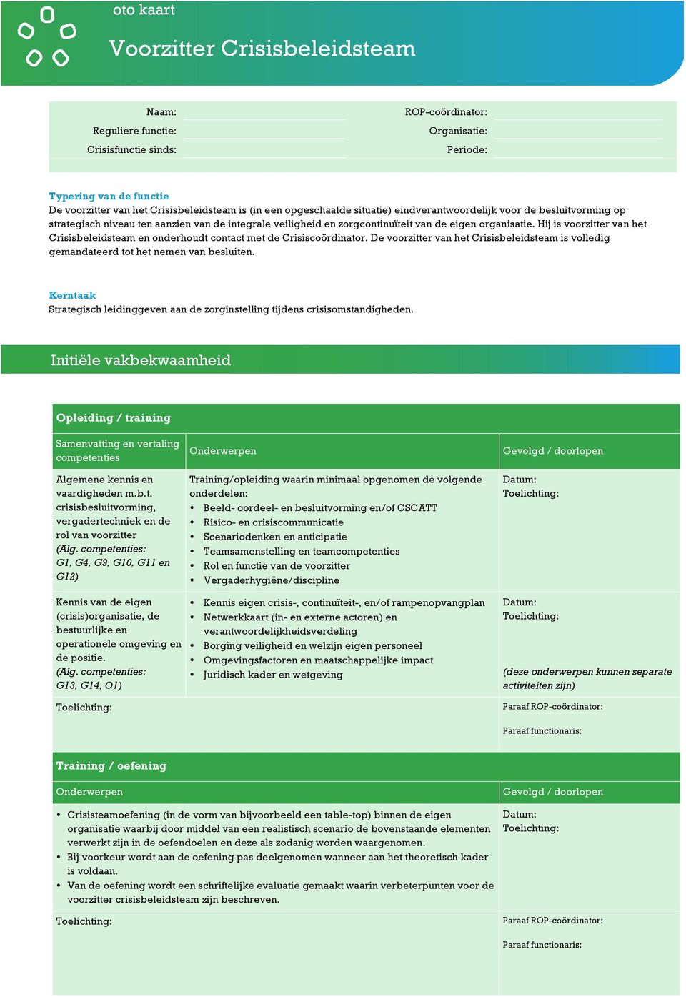 Hij is voorzitter van het Crisisbeleidsteam en onderhoudt contact met de Crisiscoördinator. De voorzitter van het Crisisbeleidsteam is volledig gemandateerd tot het nemen van besluiten.