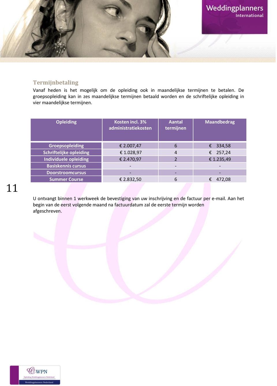 3% administratiekosten Aantal termijnen Maandbedrag 11 Groepsopleiding 2.007,47 6 334,58 Schriftelijke opleiding 1.028,97 4 257,24 Individuele opleiding 2.470,97 2 1.