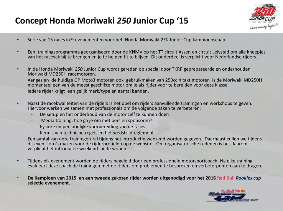In de Honda Moriwaki 250 Junior Cup wordt gereden op special door TKRP geprepareerde en onderhouden Moriwaki MD250H racemotoren.