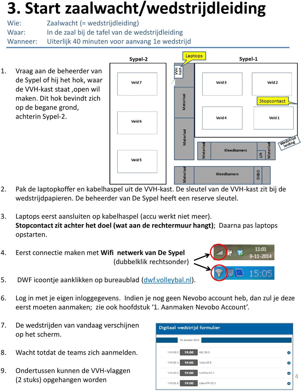 Pak de laptopkoffer en kabelhaspel uit de VVH-kast. De sleutel van de VVH-kast zit bij de wedstrijdpapieren. De beheerder van De Sypel heeft een reserve sleutel. 3.