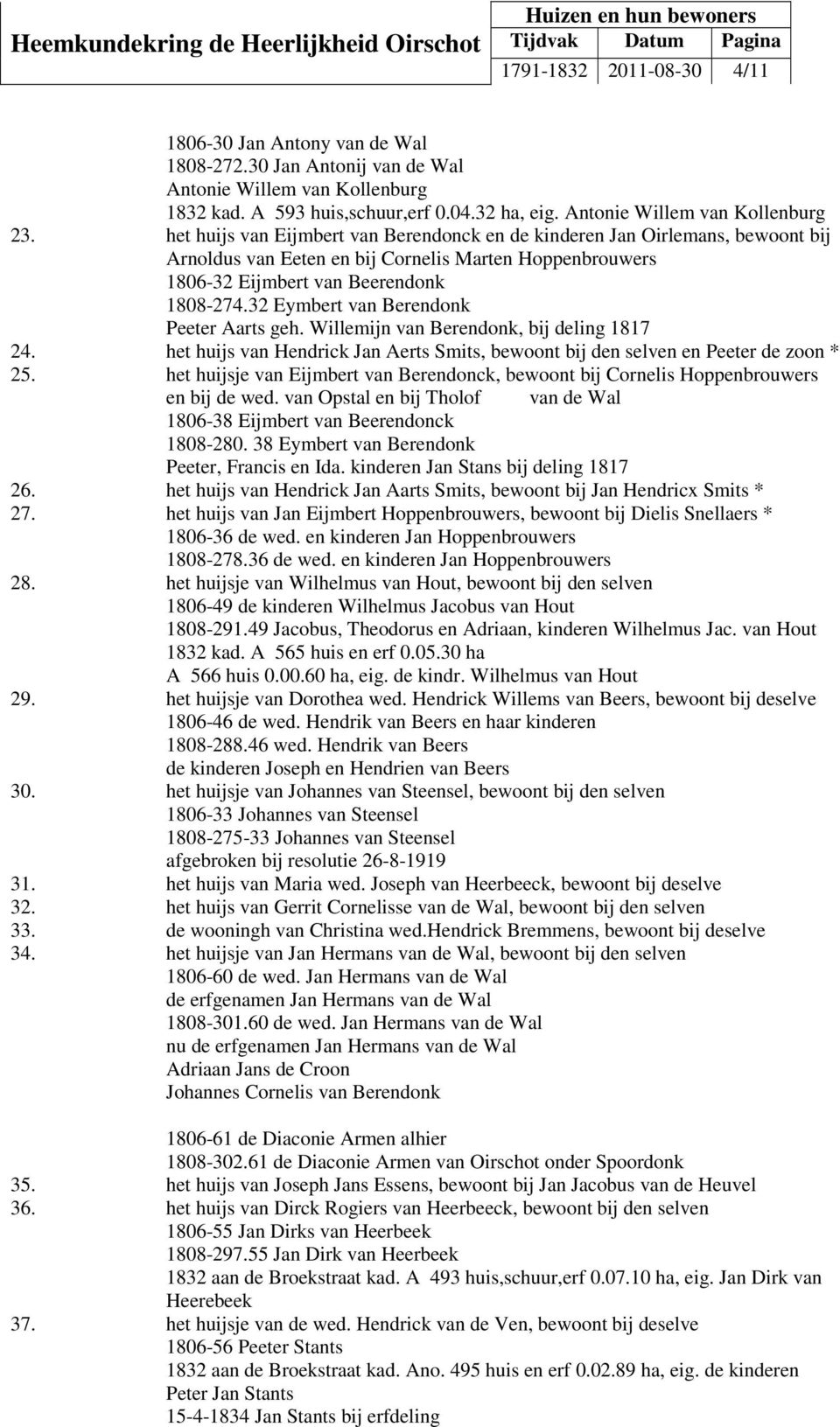 het huijs van Eijmbert van Berendonck en de kinderen Jan Oirlemans, bewoont bij Arnoldus van Eeten en bij Cornelis Marten Hoppenbrouwers 1806-32 Eijmbert van Beerendonk 1808-274.