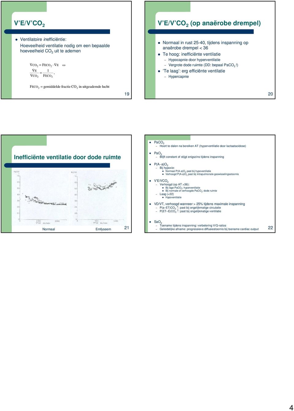 ) Te laag : erg efficiënte ventilatie Hypercapnie FECO = gemiddelde fractie CO in uitgeademde lucht 2 2 19 20 PaCO 2 Hoort te dalen na bereiken AT (hyperventilatie door lactaatacidose) Inefficiënte