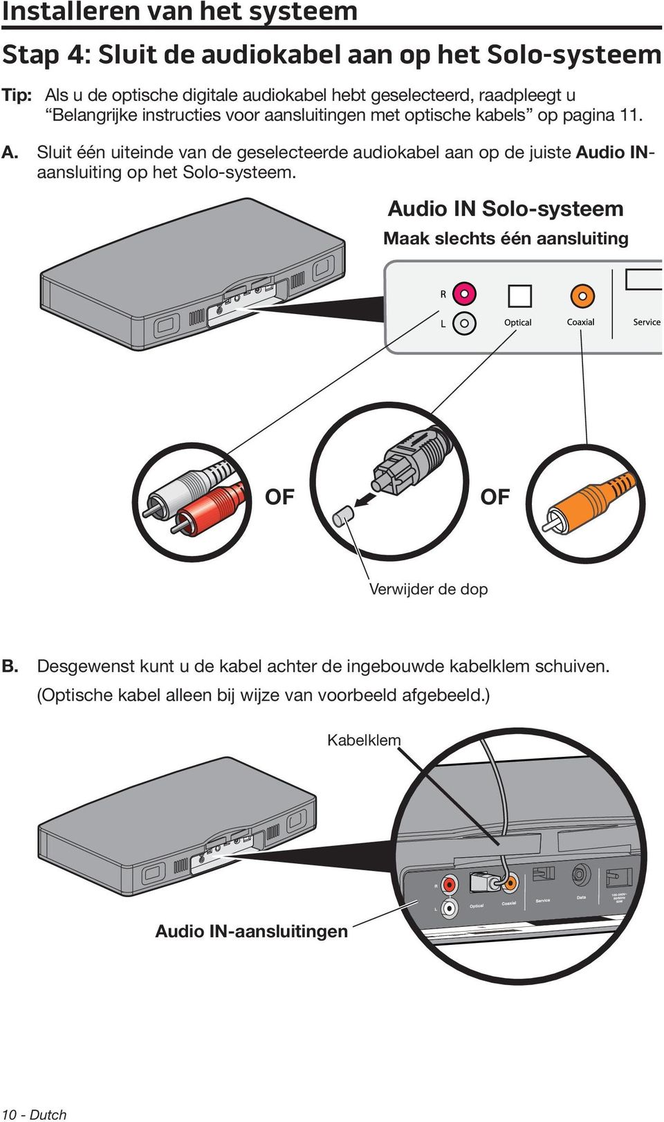 Sluit één uiteinde van de geselecteerde audiokabel aan op de juiste Audio INaansluiting op het Solo-systeem.