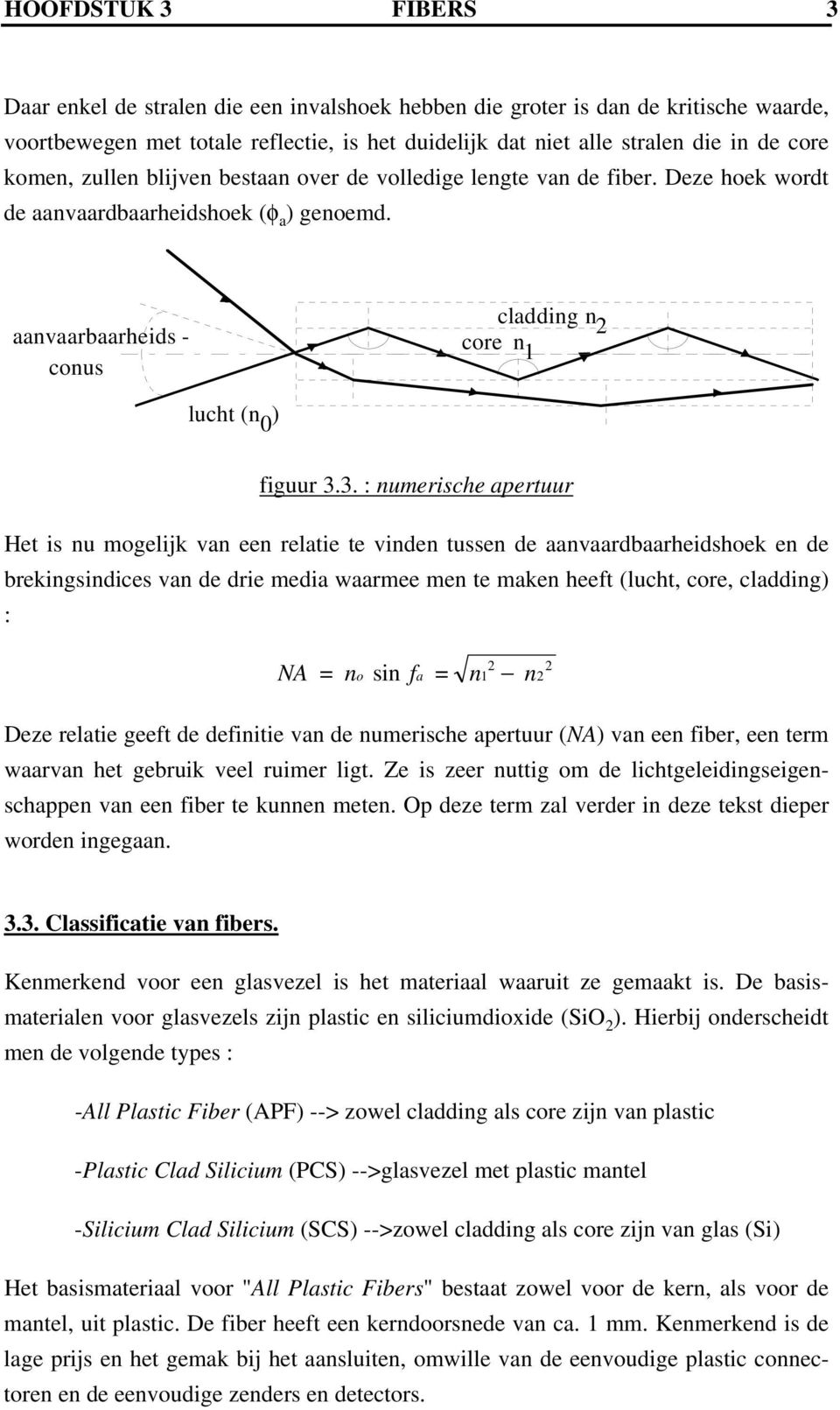 3. : numerische apertuur Het is nu mogelijk van een relatie te vinden tussen de aanvaardbaarheidshoek en de brekingsindices van de drie media waarmee men te maken heeft (lucht, core, cladding) : NA =