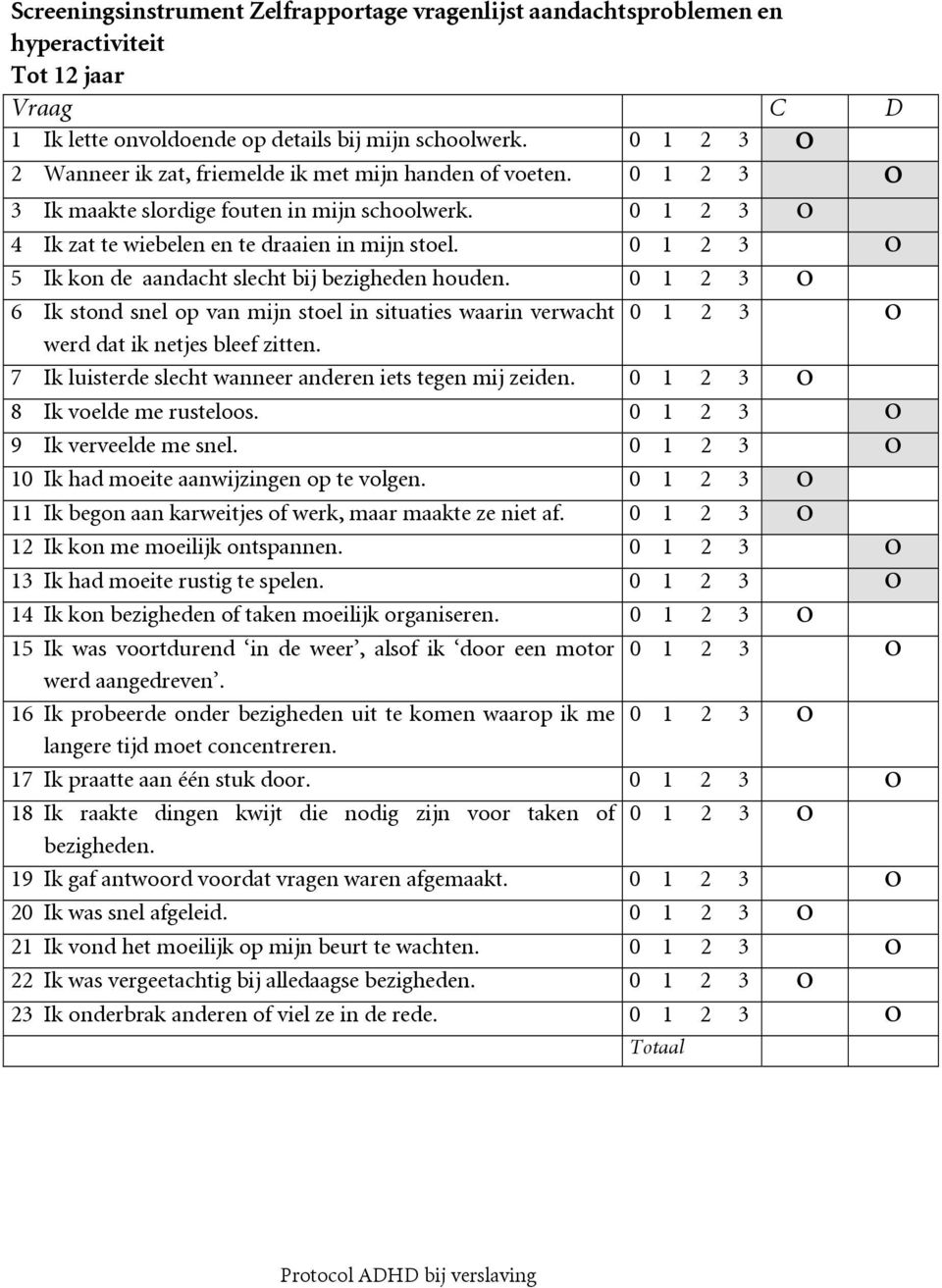 0 1 2 3 O 5 Ik kon de aandacht slecht bij bezigheden houden. 0 1 2 3 O 6 Ik stond snel op van mijn stoel in situaties waarin verwacht 0 1 2 3 O werd dat ik netjes bleef zitten.