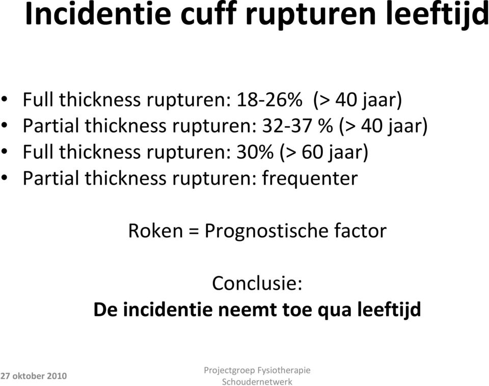 rupturen: 30% (> 60 jaar) Partial thickness rupturen: frequenter Roken