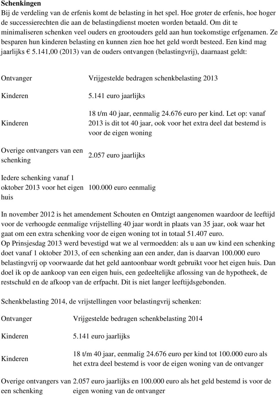 141,00 (2013) van de ouders ontvangen (belastingvrij), daarnaast geldt: Ontvanger Vrijgestelde bedragen schenkbelasting 2013 Overige ontvangers van een schenking Iedere schenking vanaf 1 oktober 2013