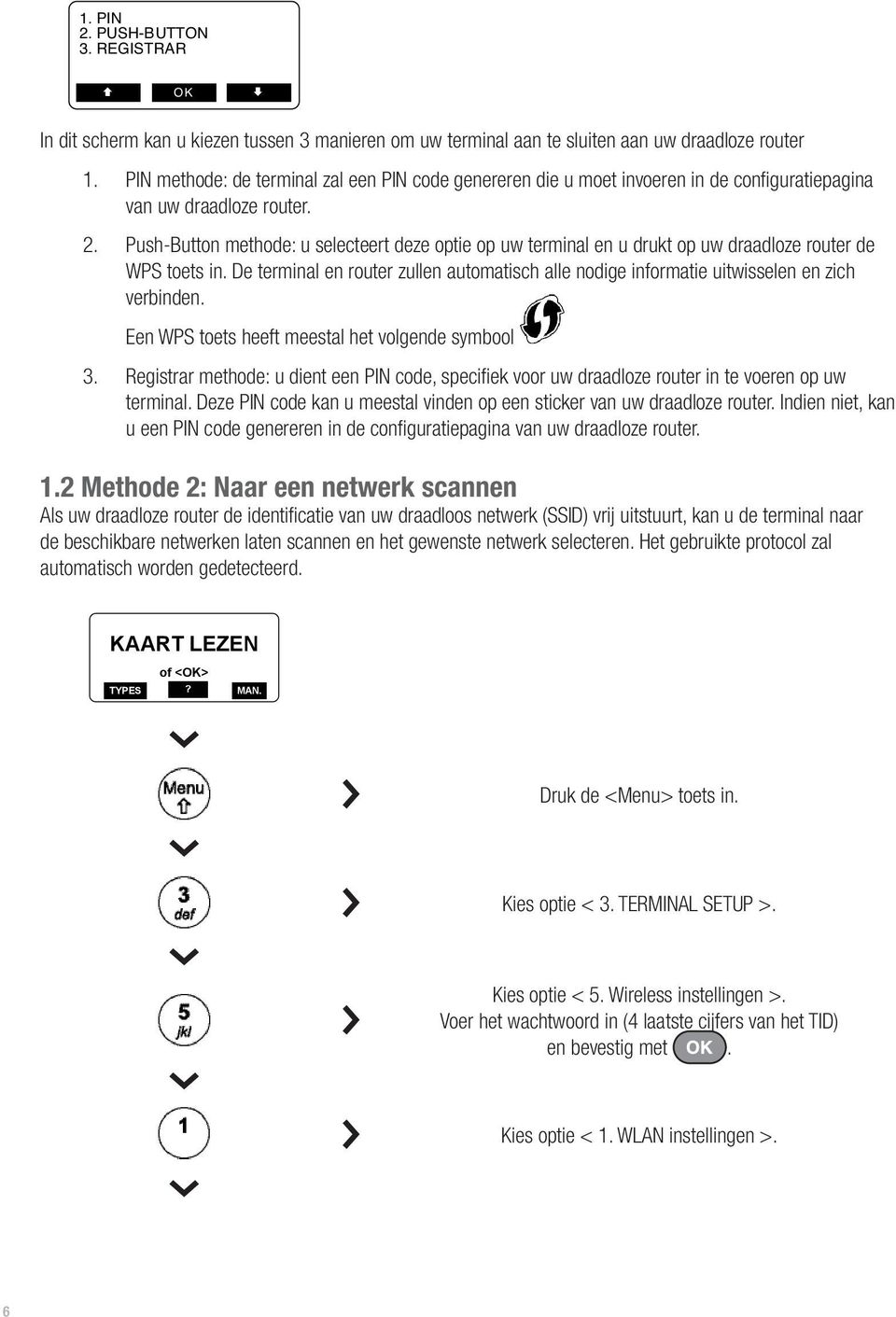 Push-Button methode: u selecteert deze optie op uw terminal en u drukt op uw draadloze router de WPS toets in.