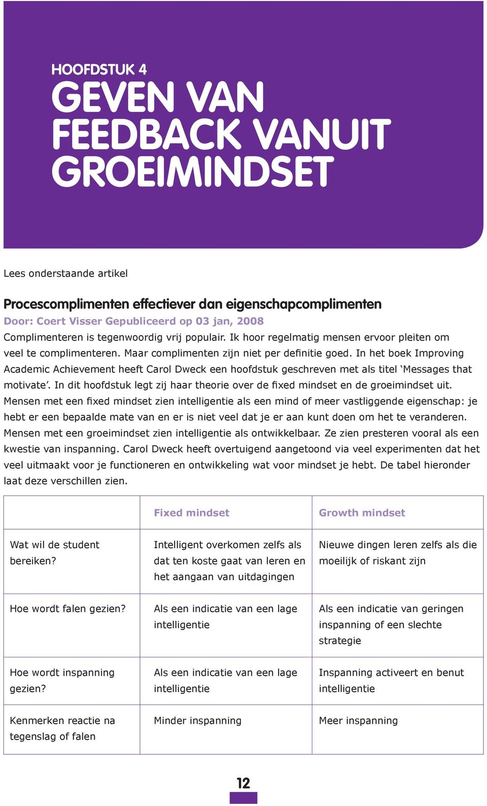 In het boek Improving Academic Achievement heeft Carol Dweck een hoofdstuk geschreven met als titel Messages that motivate.