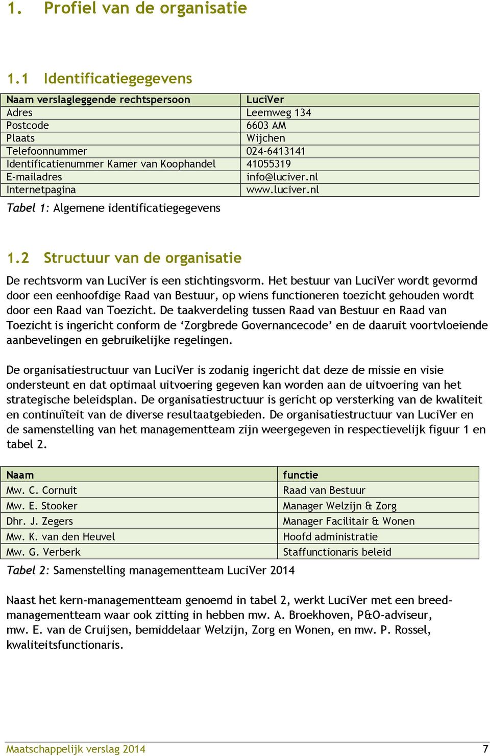 E-mailadres info@luciver.nl Internetpagina www.luciver.nl Tabel 1: Algemene identificatiegegevens 1.2 Structuur van de organisatie De rechtsvorm van LuciVer is een stichtingsvorm.