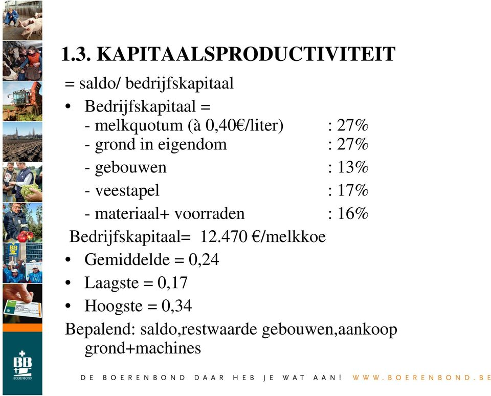 veestapel : 17% - materiaal+ voorraden : 16% Bedrijfskapitaal= 12.