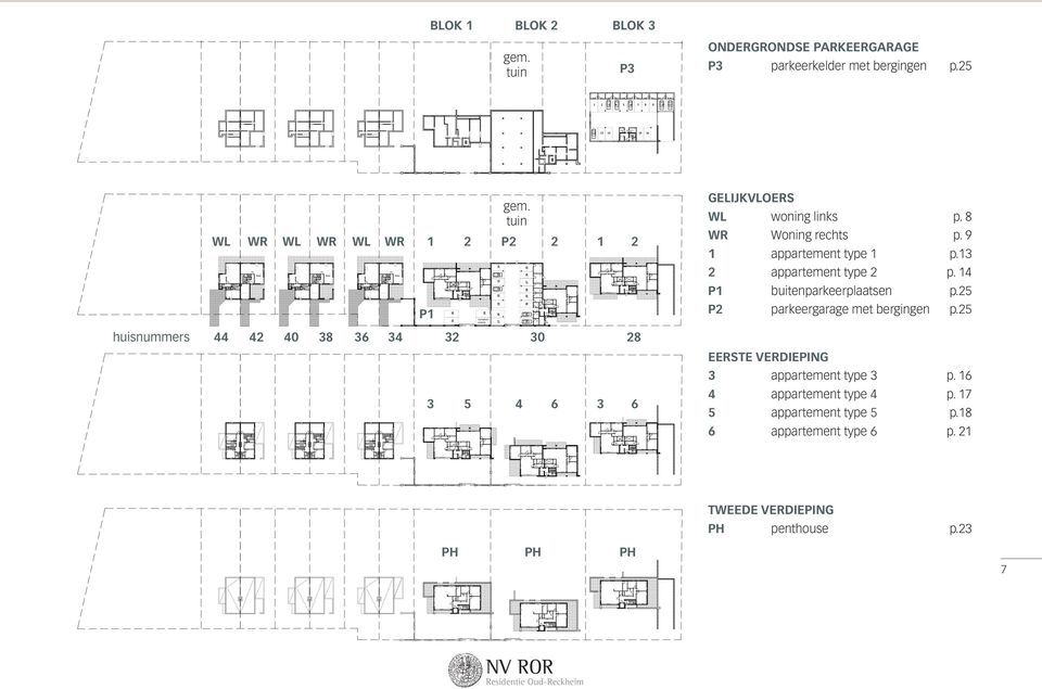 8 WR Woning rechts p. 9 1 appartement type 1 p.13 2 appartement type 2 p. 14 P1 buitenparkeerplaatsen p.