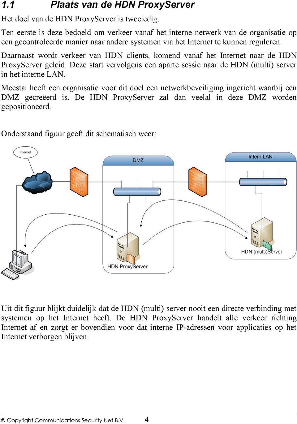 Daarnaast wordt verkeer van HDN clients, komend vanaf het Internet naar de HDN ProxyServer geleid. Deze start vervolgens een aparte sessie naar de HDN (multi) server in het interne LAN.