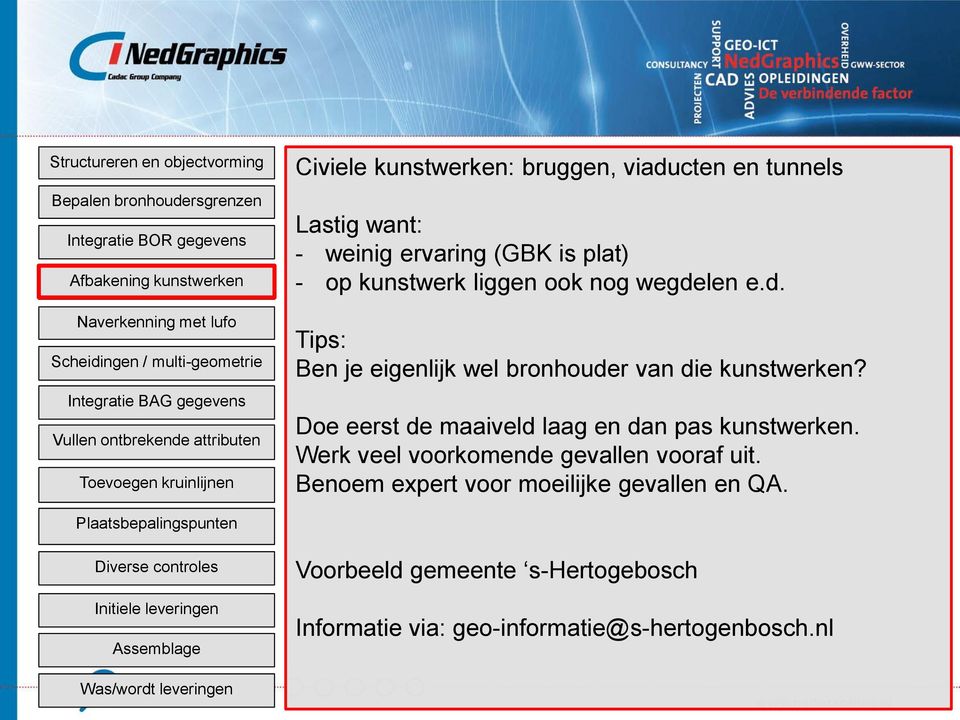 Doe eerst de maaiveld laag en dan pas kunstwerken. Werk veel voorkomende gevallen vooraf uit. Benoem expert voor moeilijke gevallen en QA.