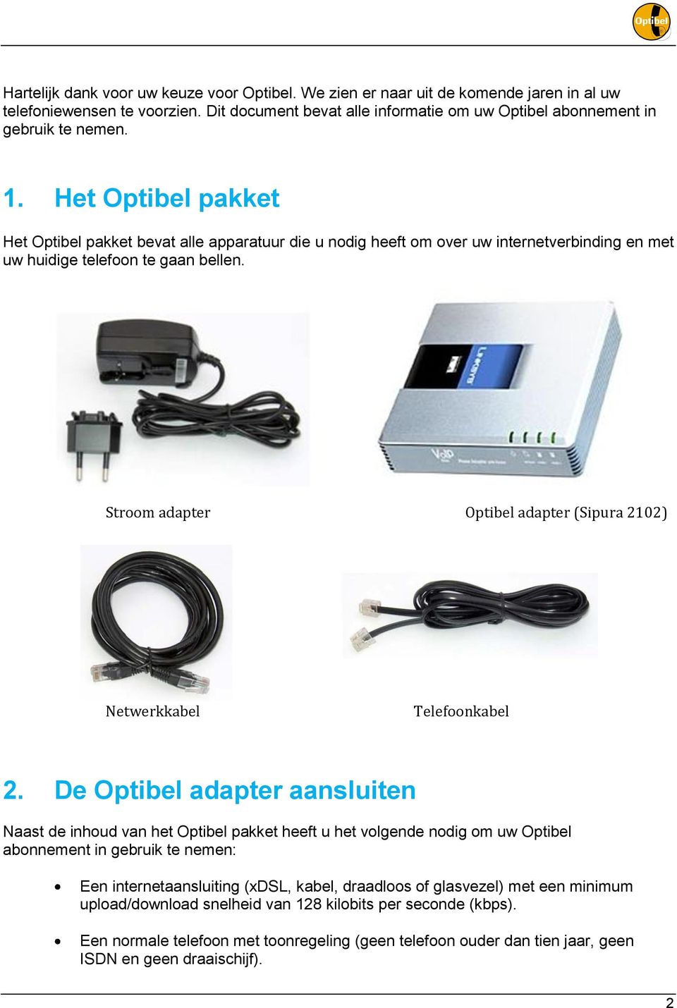 Stroom adapter Optibel adapter (Sipura 2102) Netwerkkabel Telefoonkabel 2.