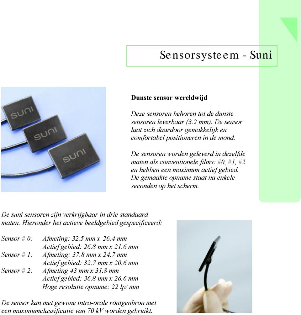 De suni sensoren zijn verkrijgbaar in drie standaard maten. Hieronder het actieve beeldgebied gespecificeerd: Sensor # 0: Sensor # 1: Sensor # 2: Afmeting: 32.5 mm x 26.4 mm Actief gebied: 26.