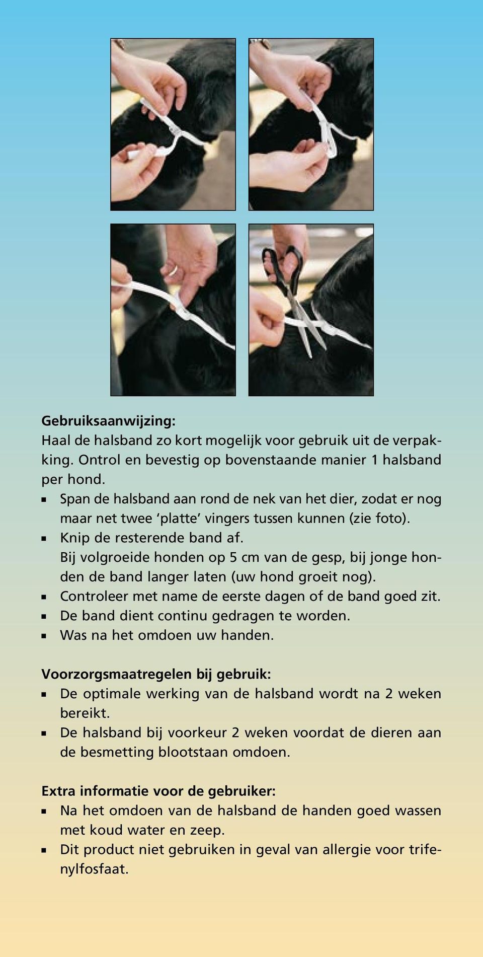 Bij volgroeide honden op 5 cm van de gesp, bij jonge honden de band langer laten (uw hond groeit nog). n Controleer met name de eerste dagen of de band goed zit.