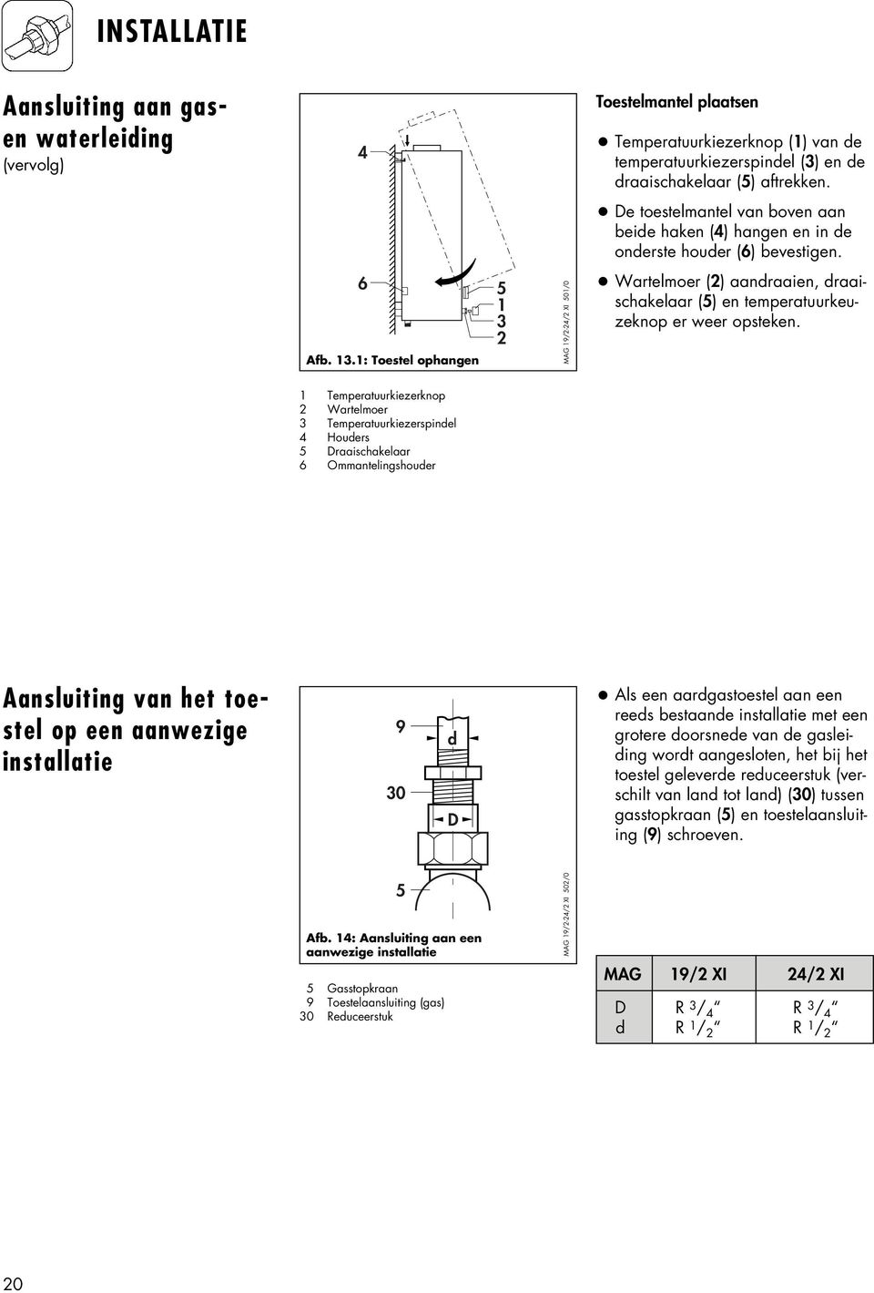 1: Toestel ophangen 5 1 3 2 MAG 19/2-24/2 XI 501/0 Wartelmoer (2) aandraaien, draaischakelaar (5) en temperatuurkeuzeknop er weer opsteken.