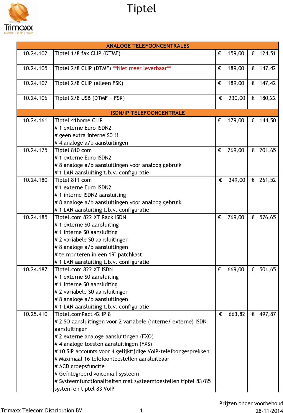 ! # 4 analoge a/b aansluitingen Tiptel 810 com # 1 externe Euro ISDN2 # 8 analoge a/b aansluitingen voor analoog gebruik 179,00 269,00 144,50 201,65 10.24.