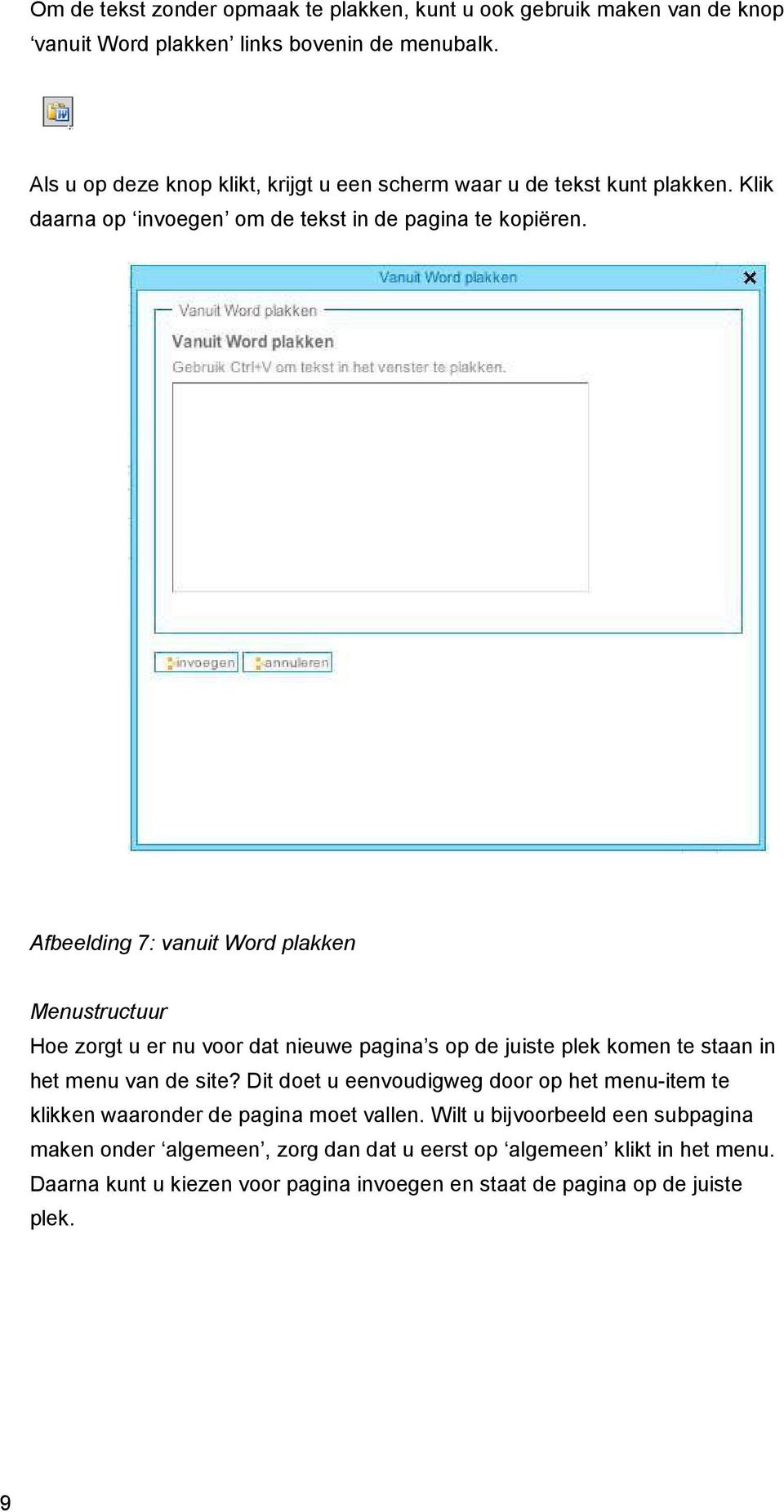 Afbeelding 7: vanuit Word plakken Menustructuur Hoe zorgt u er nu voor dat nieuwe pagina s op de juiste plek komen te staan in het menu van de site?