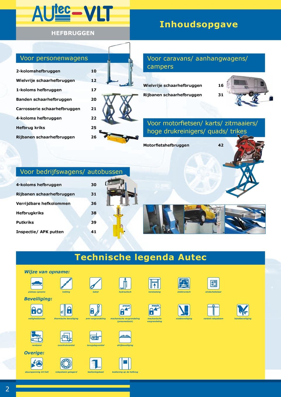 drukreinigers/ quads/ trikes Motorfietshefbruggen 42 Voor bedrijfswagens/ autobussen 4-koloms hefbruggen 30 Rijbanen schaarhefbruggen 31 Verrijdbare hefkolommen 36 Hefbrugkriks 38 Putkriks 39
