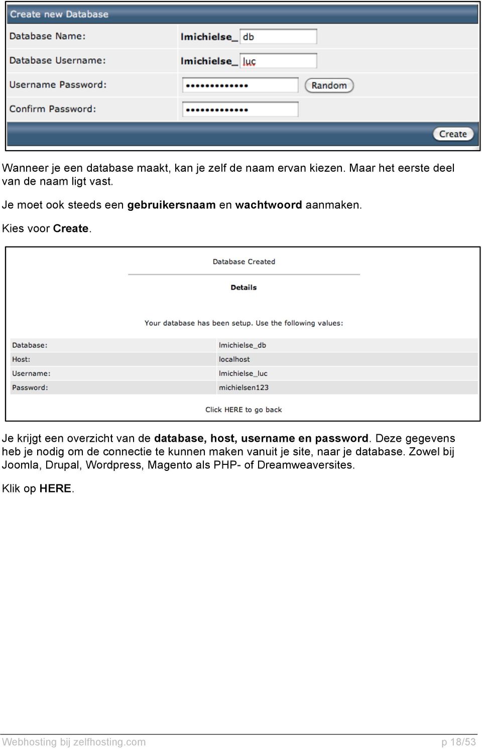 Je krijgt een overzicht van de database, host, username en password.