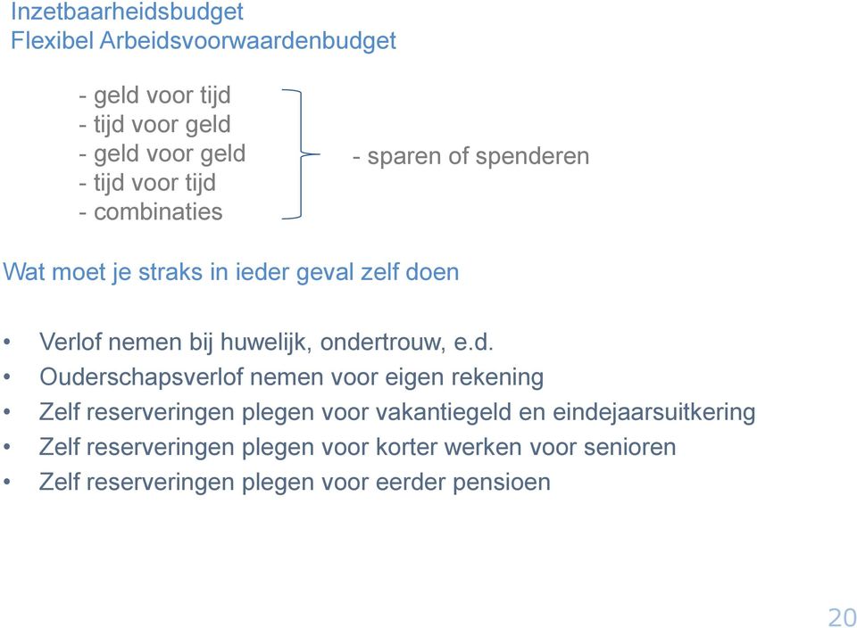 ondertrouw, e.d. Ouderschapsverlof nemen voor eigen rekening Zelf reserveringen plegen voor vakantiegeld en