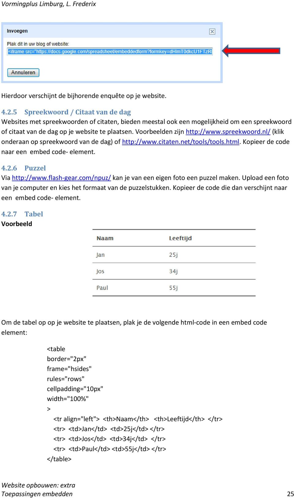 Voorbeelden zijn http://www.spreekwoord.nl/ (klik onderaan op spreekwoord van de dag) of http://www.citaten.net/tools/tools.html. Kopieer de code naar een embed code- element. 4.2.