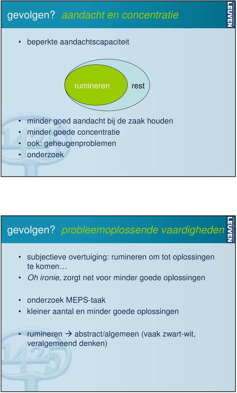 goede concentratie ook: geheugenproblemen onderzoek  probleemoplossende vaardigheden subjectieve overtuiging: