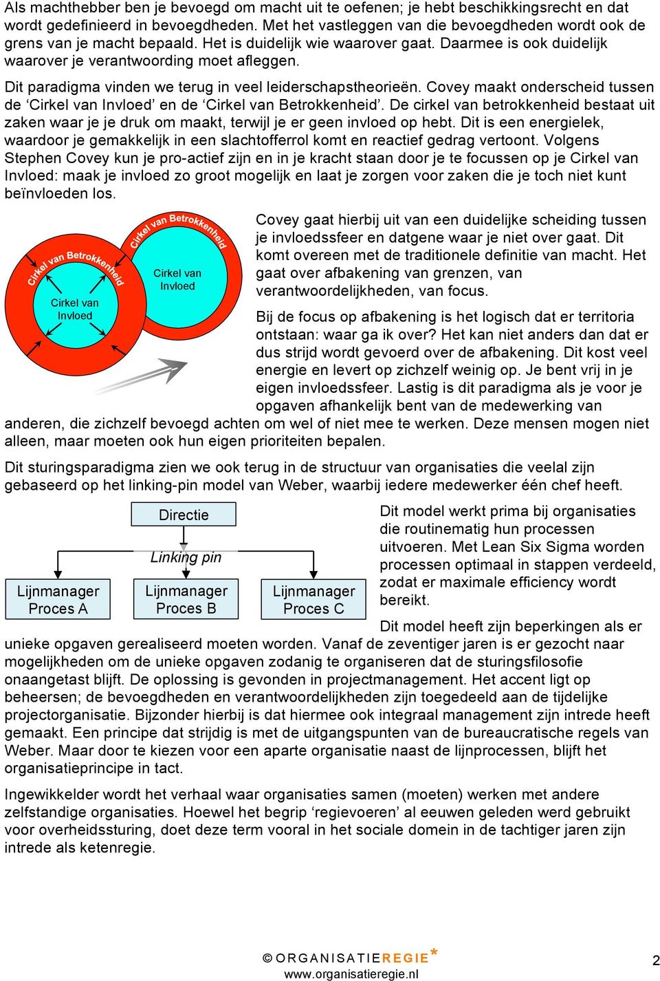 Dit paradigma vinden we terug in veel leiderschapstheorieën. Covey maakt onderscheid tussen de Cirkel van Invloed en de Cirkel van Betrokkenheid.