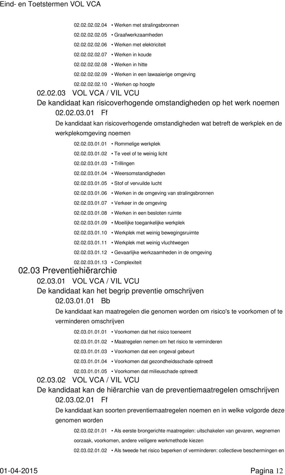 02.03.01.01 Rommelige werkplek 02.02.03.01.02 Te veel of te weinig licht 02.02.03.01.03 Trillingen 02.02.03.01.04 Weersomstandigheden 02.02.03.01.05 Stof of vervuilde lucht 02.02.03.01.06 Werken in de omgeving van stralingsbronnen 02.