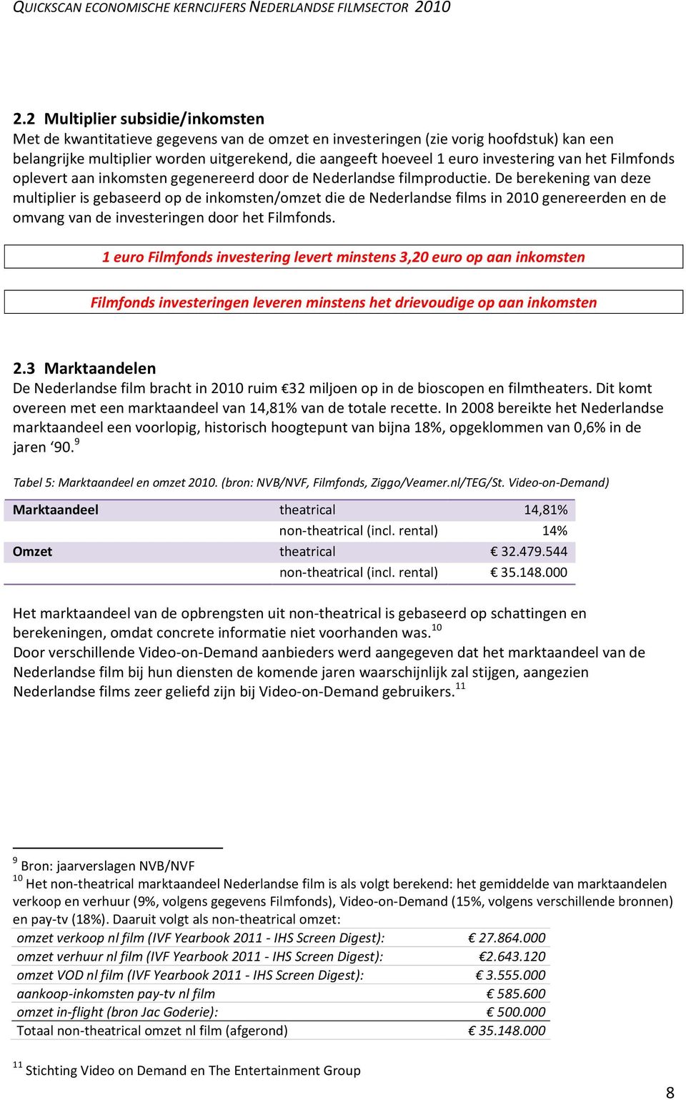 De berekening van deze multiplier is gebaseerd op de inkomsten/omzet die de Nederlandse films in 2010 genereerden en de omvang van de investeringen door het Filmfonds.