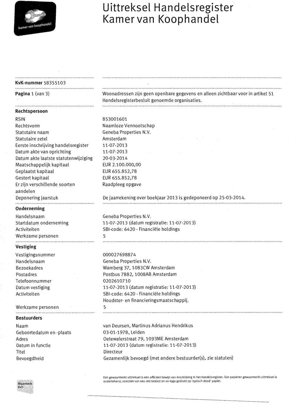 Rechtspersoon RSIN Rechtsvorm Statutaire naam Statutaire zetel Eerste inschrijving handelsregister Datum akte van oprichting Datum akte laatste statutenwijziging Maatschappelijk kapitaal Geplaatst