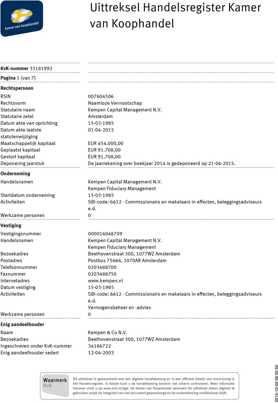 Statutaire zetel Amsterdam Datum akte van oprichting 15-03-1985 Datum akte laatste 01-04-2015 statutenwijziging Maatschappelijk kapitaal EUR 454.000,00 Geplaatst kapitaal EUR 91.