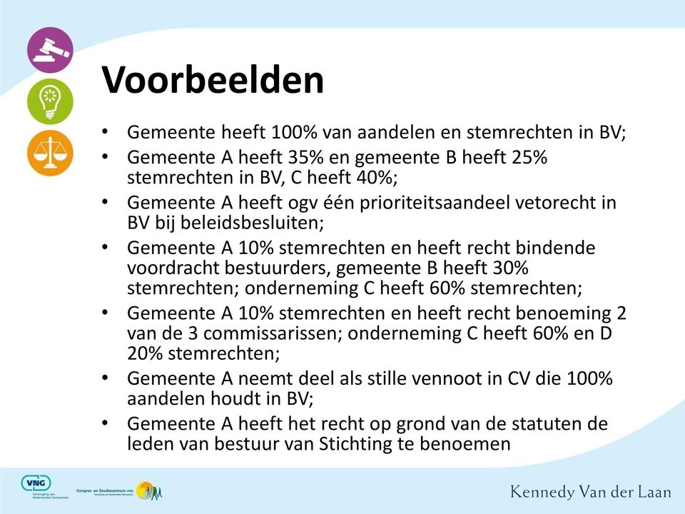 onderneming C heeft 60% stemrechten; Gemeente A 10% stemrechten en heeft recht benoeming 2 van de 3 commissarissen; onderneming C heeft 60% en D 20% stemrechten;