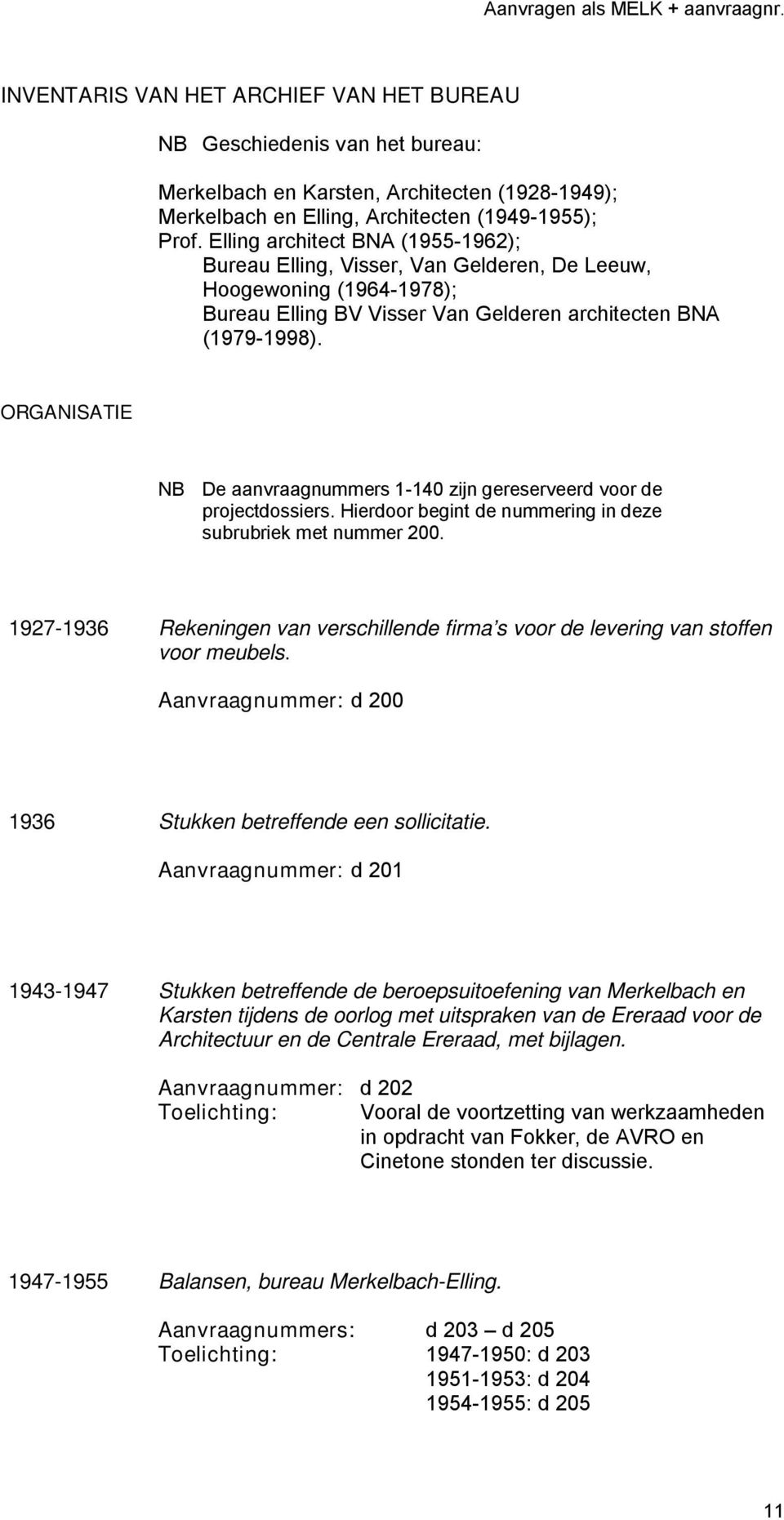 ORGANISATIE NB De aanvraagnummers 1-140 zijn gereserveerd voor de projectdossiers. Hierdoor begint de nummering in deze subrubriek met nummer 200.