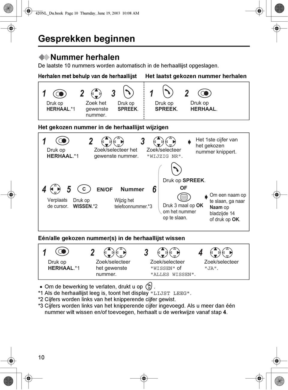 *1 2 3 het gewenste nummer. "WIJZIG NR". Het 1ste cijfer van het gekozen nummer knippert. 4 5 C EN/OF Nummer 6 Verplaats de cursor. WISSEN.*2 Wijzig het telefoonnummer.*3 SPREEK.