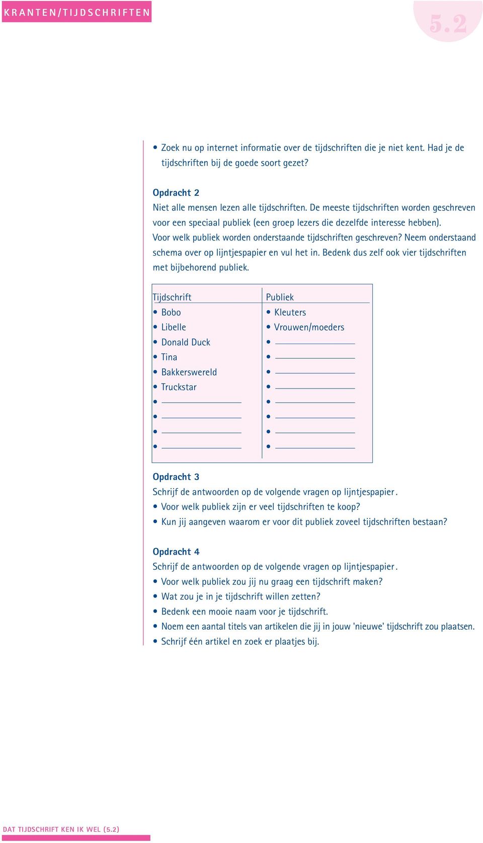 Neem onderstaand schema over op lijntjespapier en vul het in. Bedenk dus zelf ook vier tijdschriften met bijbehorend publiek.