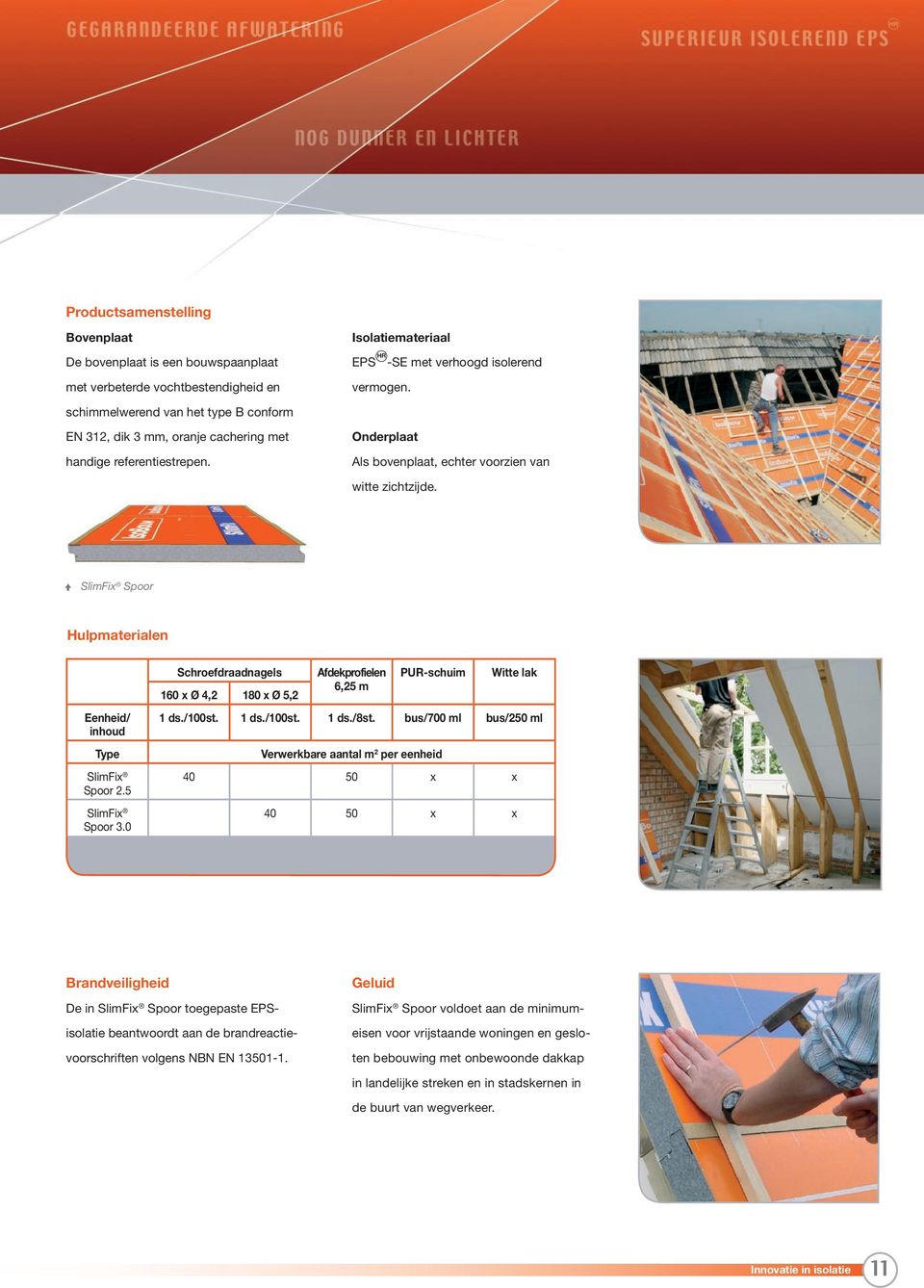 SlimFix Spoor Hulpmaterialen Eenheid/ inhoud Type SlimFix Spoor 2.5 SlimFix Spoor 3.0 Schroefdraadnagels 160 x Ø 4,2 180 x Ø 5,2 Afdekprofielen 6,25 m PUR-schuim Witte lak 1 ds./ 1 ds./ 1 ds./8st.