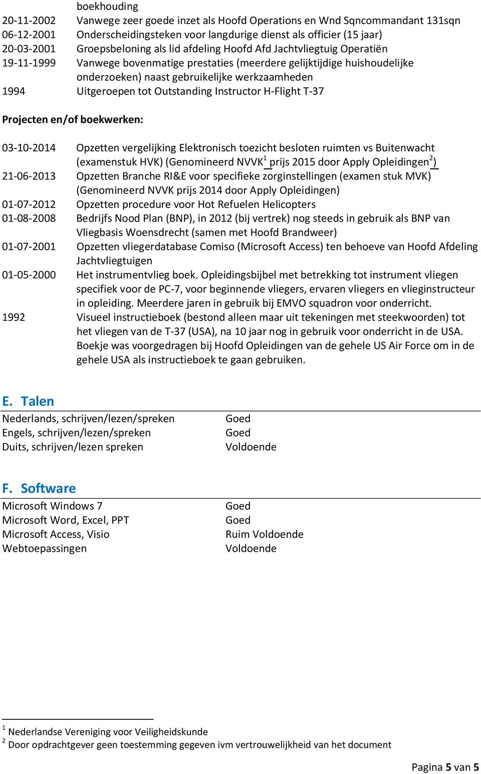 Uitgeroepen tot Outstanding Instructor H-Flight T-37 Projecten en/of boekwerken: 03-10-2014 Opzetten vergelijking Elektronisch toezicht besloten ruimten vs Buitenwacht (examenstuk HVK) (Genomineerd