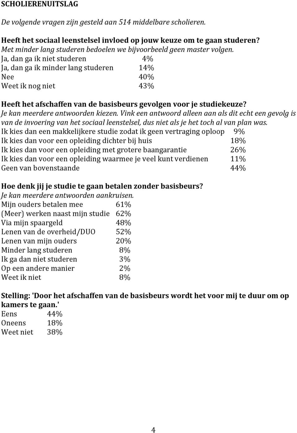 Ja, dan ga ik niet studeren 4% Ja, dan ga ik minder lang studeren 14% Nee 40% Weet ik nog niet 43% Heeft het afschaffen van de basisbeurs gevolgen voor je studiekeuze?