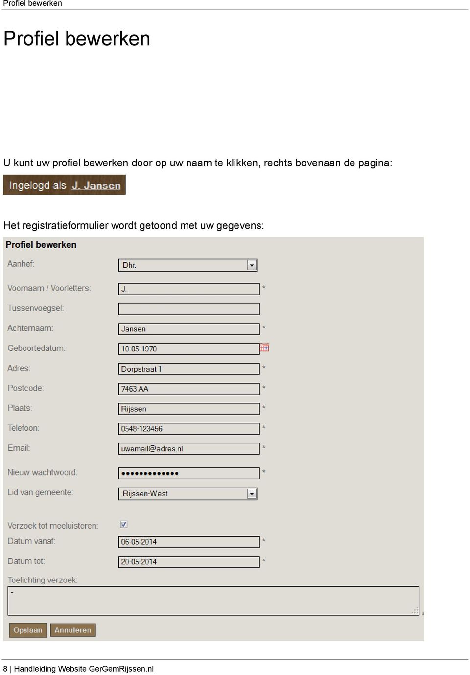 de pagina: Het registratieformulier wordt getoond