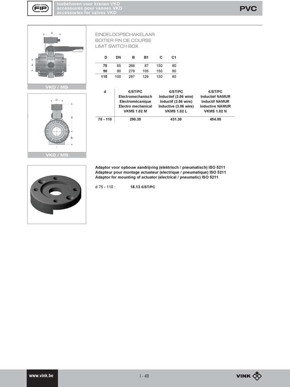 06 wire) VKMS 1.02 L /ST/PC Inductief NAMUR Inductif NAMUR Inductive NAMUR VKMS 1.02 N 75-110 290.35 431.30 454.
