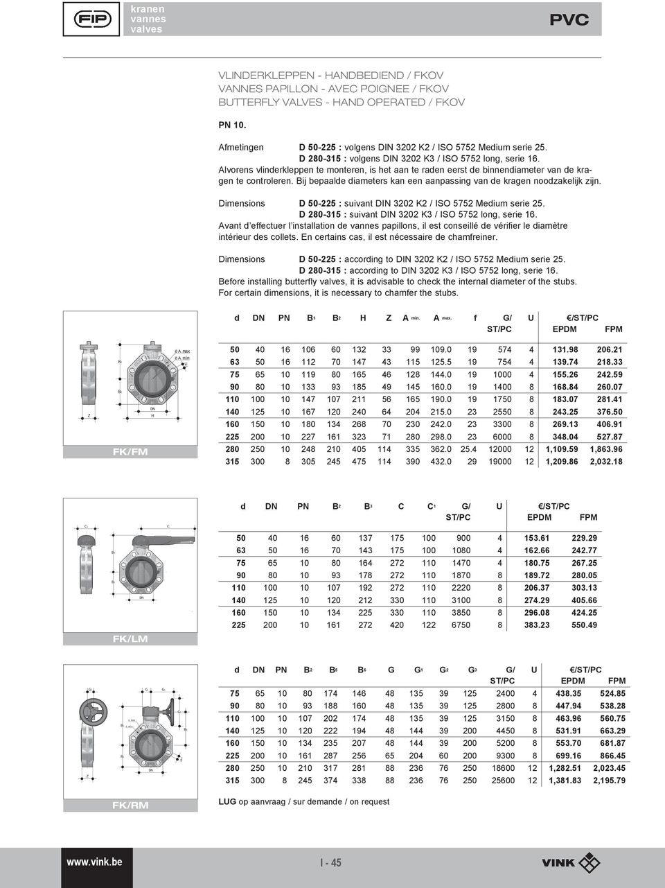 Bij bepaalde diameters kan een aanpassing van de kragen noodzakelijk zijn. Dimensions D 50-225 : suivant DIN 3202 K2 / ISO 5752 Medium serie 25.