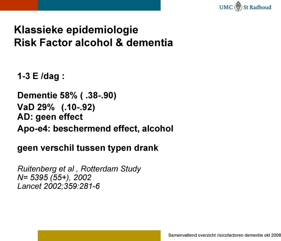 92) AD: geen effect Apo-e4: beschermend effect, alcohol geen verschil tussen