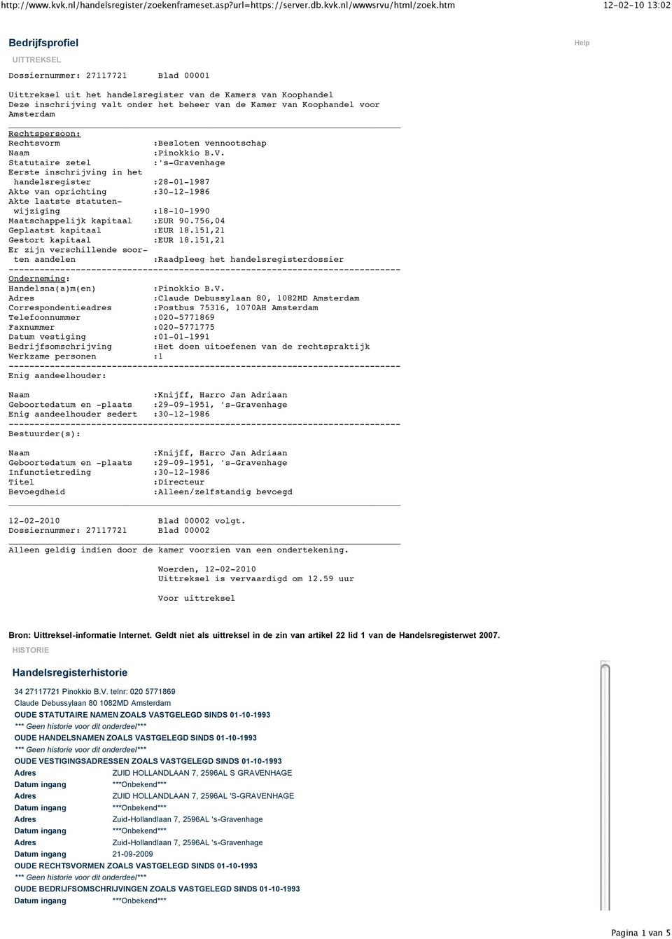 Statutaire zetel :'s-gravenhage Eerste inschrijving in het handelsregister :28-01-1987 Akte van oprichting :30-12-1986 Akte laatste statutenwijziging :18-10-1990 Maatschappelijk kapitaal :EUR 90.