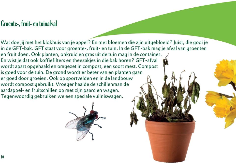 GFT-afval wordt apart opgehaald en omgezet in compost, een soort mest. Compost is goed voor de tuin. De grond wordt er beter van en planten gaan er goed door groeien.