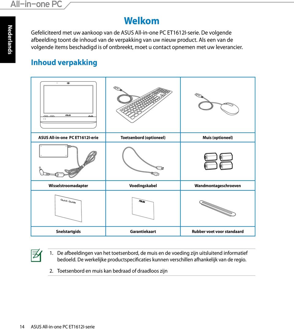 Inhoud verpakking ASUS All-in-one PC ET1612I-erie Toetsenbord (optioneel) Muis (optioneel) Wisselstroomadapter Voedingskabel Wandmontageschroeven Snelstartgids Garantiekaart Rubber