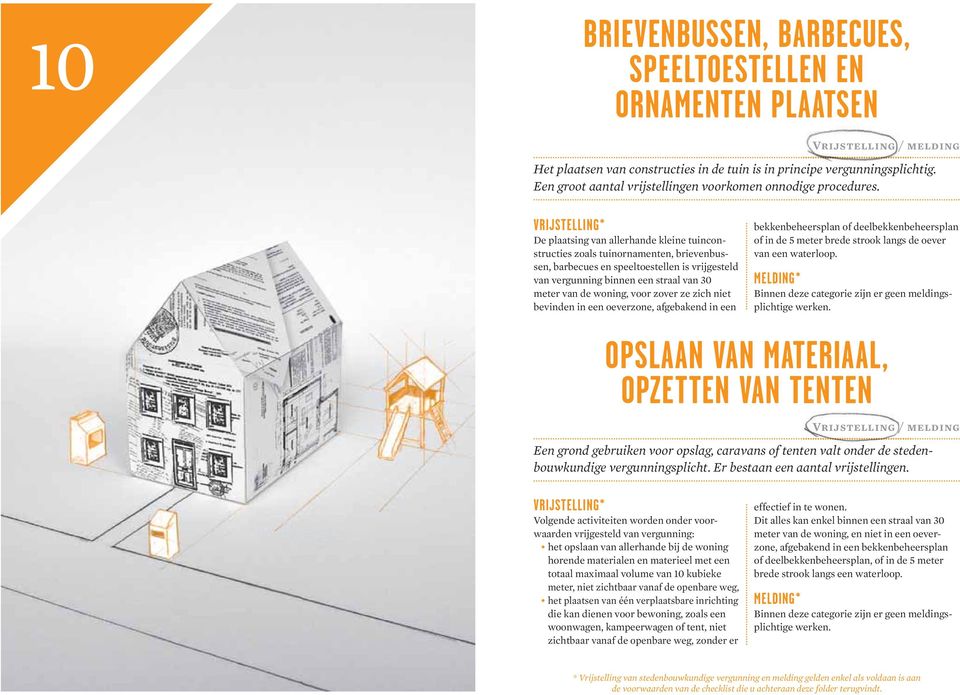 De plaatsing van allerhande kleine tuinconstructies zoals tuinornamenten, brievenbussen, barbecues en speeltoestellen is vrijgesteld van vergunning binnen een straal van 30 meter van de woning, voor